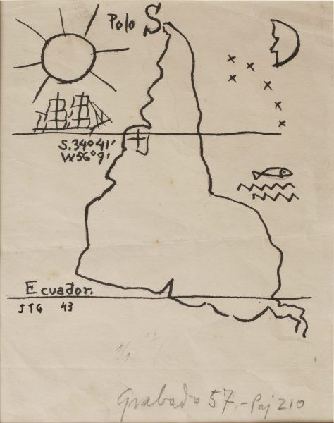 Joaquín Torres-García, América invertida, 1943, tinta sobre papel, 22 x 16 cm. Museo Torres García, Montevideo. © Sucesión Joaquín Torres-García, Montevideo 2015