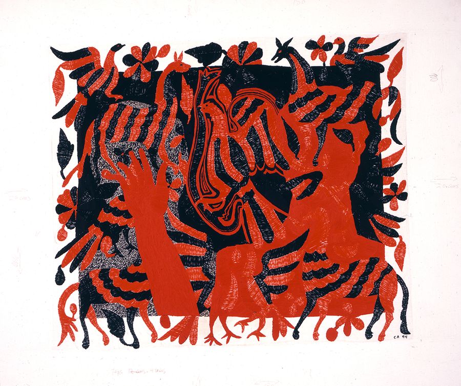 Carlos Arias, Rojo y Negro, 1994, bordado indígena de San Pablito, 100 x 120 cm. Pahuatlán, Puebla, México. Cortesía: Museo Universitario El Chopo, México