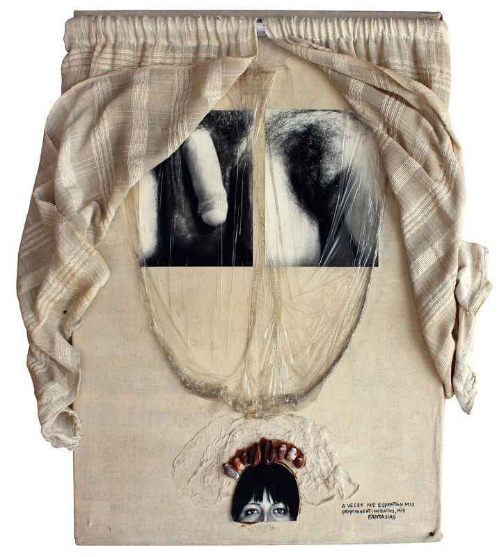 Mónica Mayer, A veces me espantan mis fantasías. Proyecto Collage íntimo, 1977, fotografía y objetos s/tela, 80 x 60 x 2 cm. Cortesía de la artista y MUAC