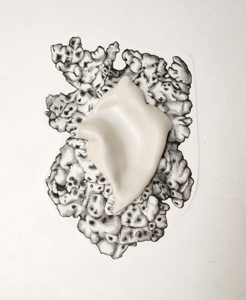 Luci_a-Pizzani-A-Garden-For-Beatrix-E5-2014-15-Stoneware-porcelain-and-glazing-on-pigment-ink-print-24-x-17-x-4-cm-sculpture-on-40-x-26-cm-paper