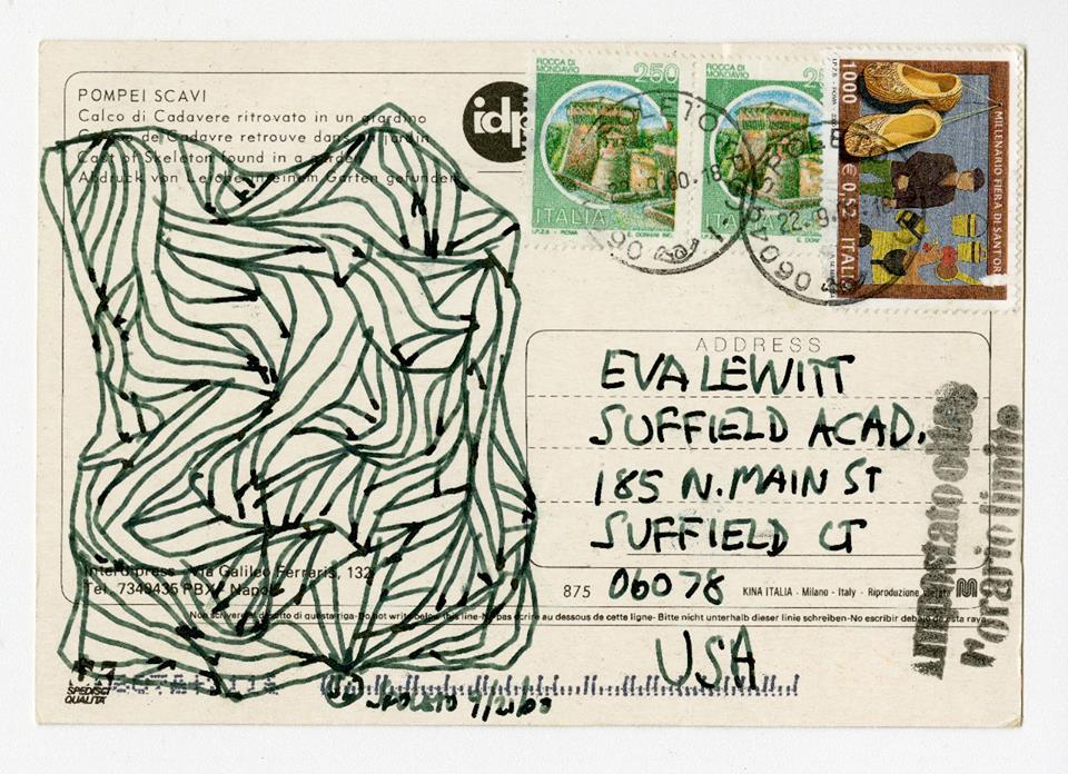 Sol LeWitt, Postcard from Sol to Eva LeWitt, 2000. Ink on postcard, 4 1/8 x 5 7/8 inches. LeWitt Collection, Chester, CT. © 2016 The LeWitt Estate / Artists Rights Society (ARS), New York.