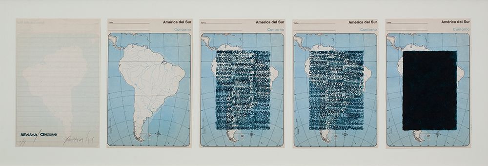 Horacio Zabala, Revisar/Censurar (To Inspect/To Censor), 1974. Ink and pencil on 5 printed maps. Courtesy of the artist and Henrique Faria, New York and Buenos Aires.