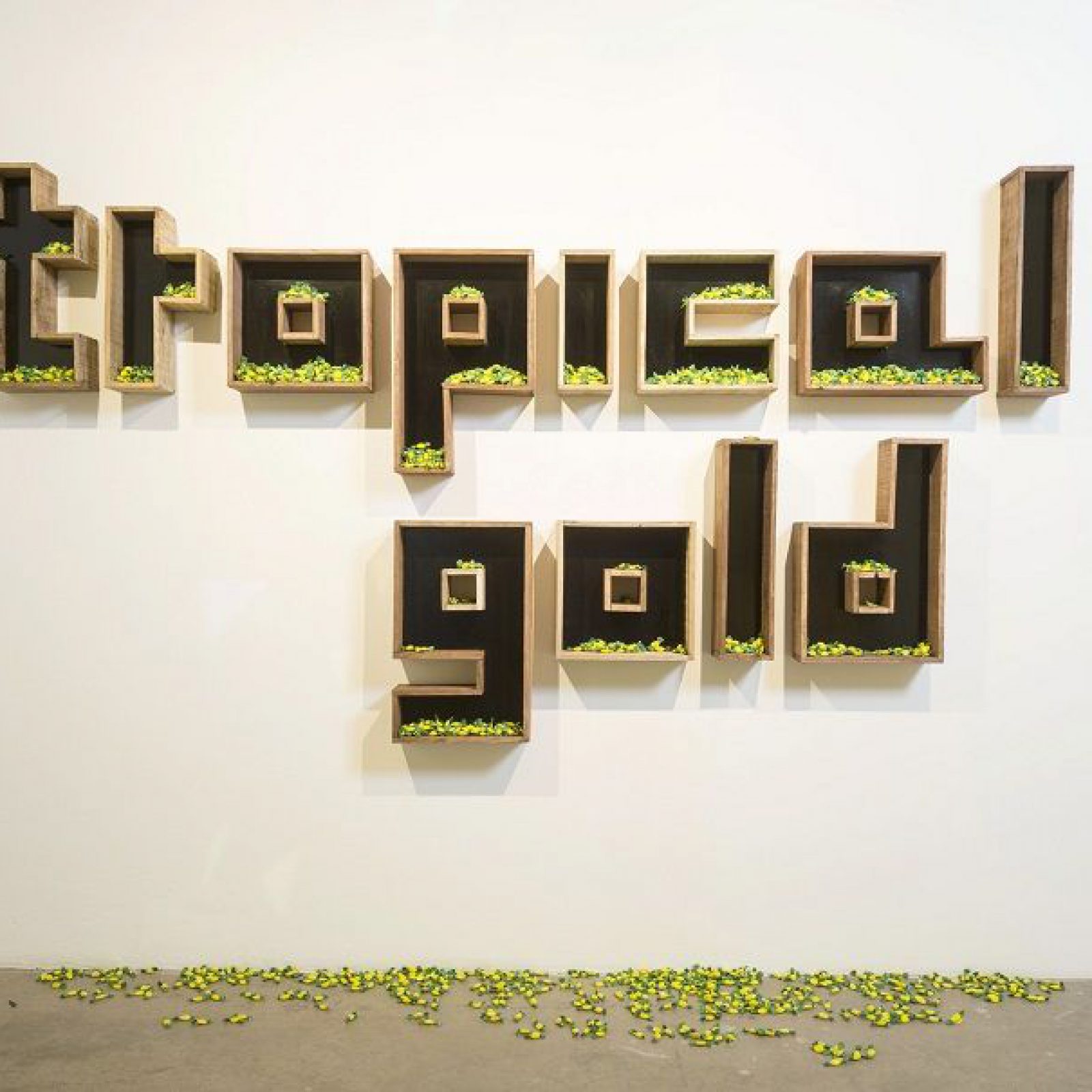 Andrés Matías Pinilla, Tropical Gold, 2015, letrero fabricado en madera de guacales de fruta, láminas de madera con esmalte de poliuretano, laca para madera, inmunizante y dulces corporativos en formas de piña reposados al interior de cada letra, 300 x 255 x 16 cm. Espacio El Dorado, Bogotá