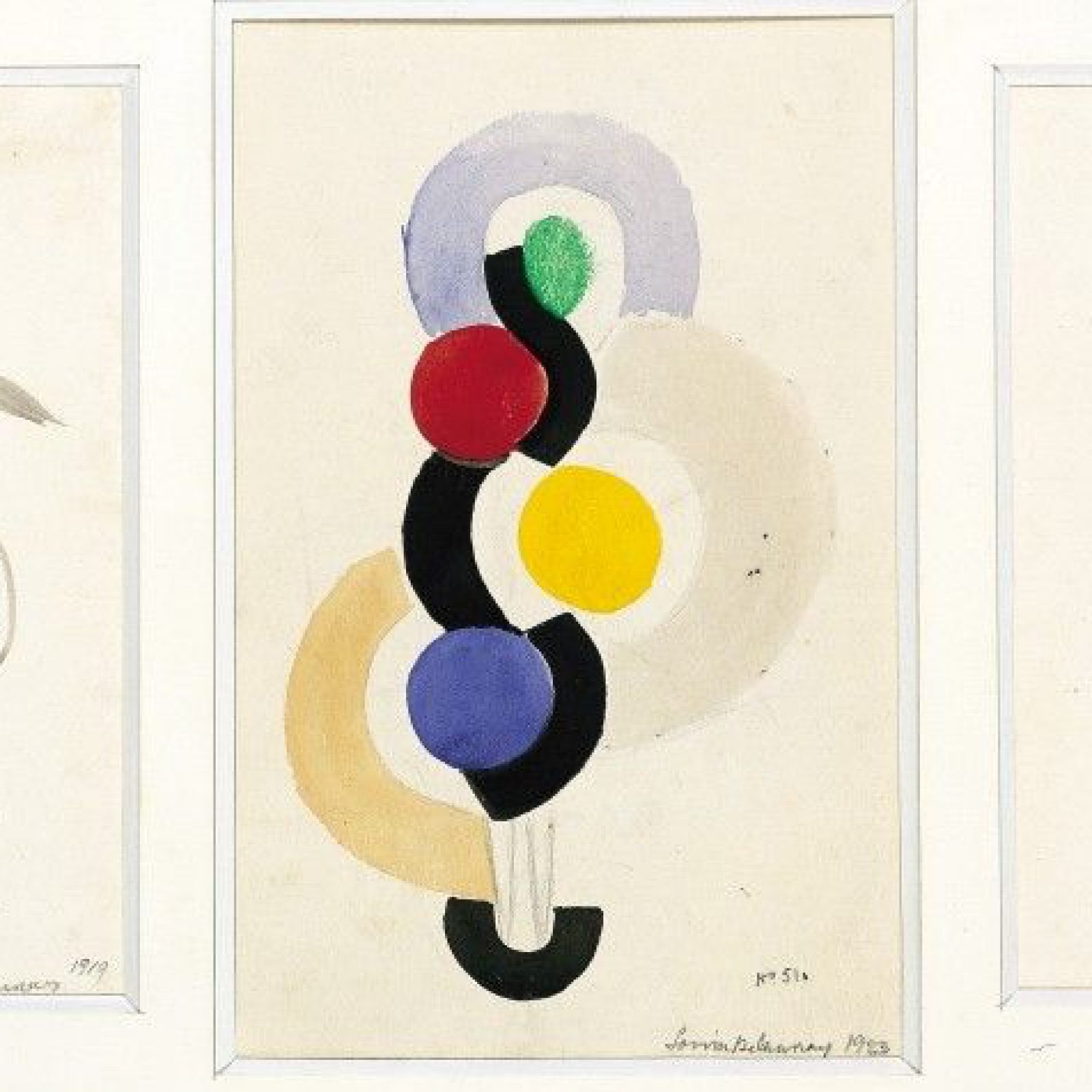 Sonia Delaunay, Tres diseños: Traje nº 1540 para la vedette Gaby, Petit Casino (1919); Vestido simultáneo, ritmo sin fin, nº 510 (1923); Traje nº 1539 para la obra de teatro “Le Coeur à gaz” de Tristan Tzara (1923), 1919-1923. Tinta china sobre papel / Acuarela sobre papel / Acuarela sobre papel, 25,5 x 16,5; 29 x 19; 25,5 x 15 cm. Colección privada
