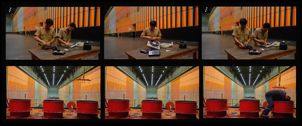 Alexander Apóstol, Contrato colectivo cromosaturado, 2012, video HD, instalación con tres pantallas, 45 min (en colaboración con Rafael Ortega). Cortesía: mor.charpentier