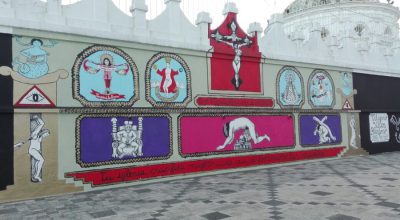 Vista del Milagroso Altar Blasfemo (2017) de Mujeres Creando, Quito, CCM. Fotografía cortesía de Paralaje.xyz