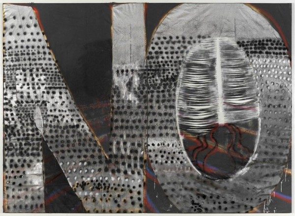 Molly Zuckerman-Hartung, Notley, 2013, pintura látex, esmalte y pintura en aerosol sobre dropcloth (bisagras, en dos partes unidas). Cortesía de la artista y Corbett vs. Dempsey, Chicago. Foto: Tom Van Eynde