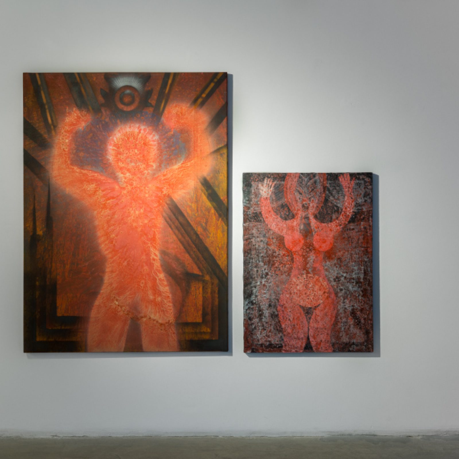 Vista de la exposición "Soy Hoy. Un diálogo entre la obra de Norman Mejía (Cartagena, 1938 - Barranquilla, 2012) y María Isabel Rueda (Cartagena, 1972)". Liberia Central Contempóranea, Bogotá, 2018. Foto: Sebastián Cruz. Cortesía: Liberia.