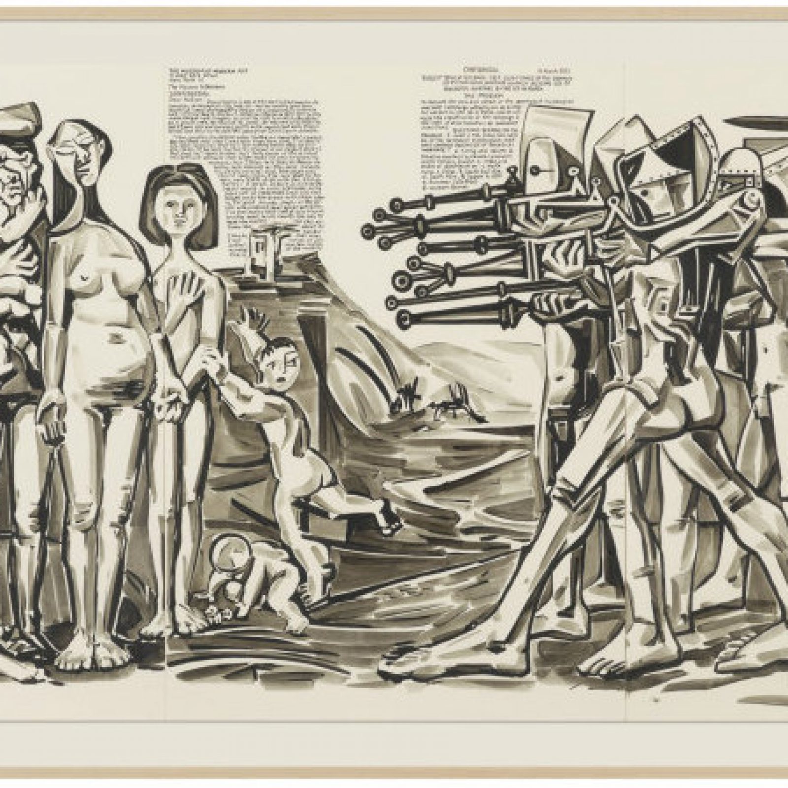 Fernando Bryce, Sin título, 2018, tinta sobre papel, enmarcado, 118 x 228 x 4,5 cm. Vista de la exposición en Galerie Barbara Thumm, Berlín. Cortesía del artista y Galerie Barbara Thumm. Foto: Jens Ziehe