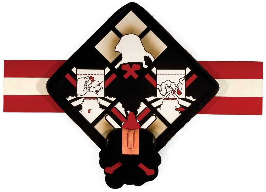 Antonio Dias, Emblema para uma esquadrilha assassina, 1967, acrílico, vinilo y poliéster sobre tela y madera, 126 x 176 cm. Coleção Fadel. Foto: Jaime Acioli
