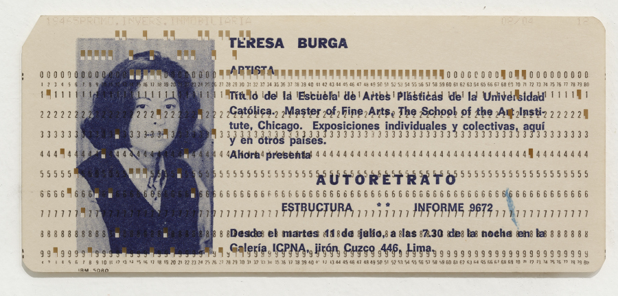 Teresa Burga, Autorretrato, 1972, cartulina impresa (tarjeta perforada), 8,2 x 18,7 cm. Colección Migros Museum für Gegenwartskunst. Cortesía del museo