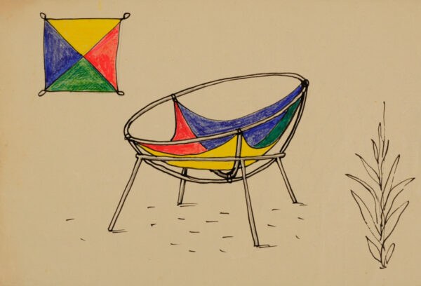 Lina Bo Bardi, Proyecto para una versión del sillón Bardi's Bowl, 1951, lápiz, tinta china, y tiza grasa sobre papel offset, 21,4 x 31,4 cm. Instituto Bardi/Casa de Vidrio, Sao Paulo