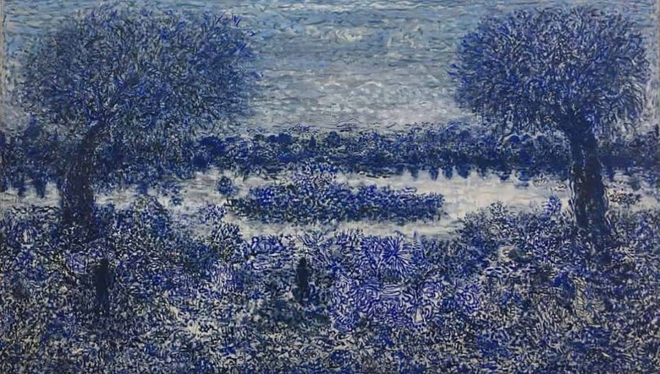 Vicente Grondona, Paisaje azul, 2018, técnica mixta sobre tela, 151 x 258 cm. Cortesía: Revolver 