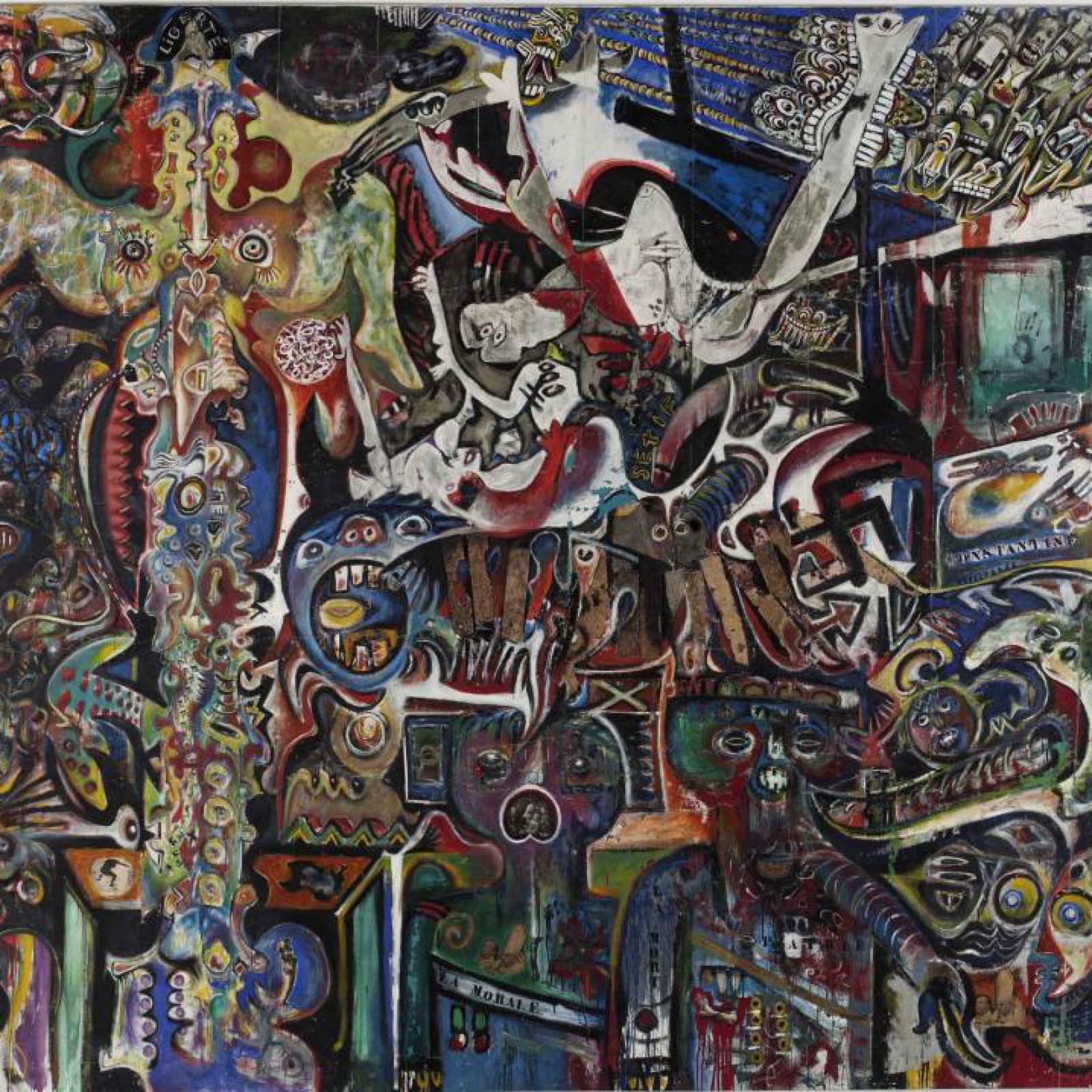 Enrico Baj, Roberto Crippa, Gianni Dova, Antonio Recalcati, Jean-Jacques Lebel, Erró, Gran cuadro antifascista colectivo, 1960, óleo sobre lienzo, 400 x 497 cm. Fondos de dotación Jean-Jacques Lebel