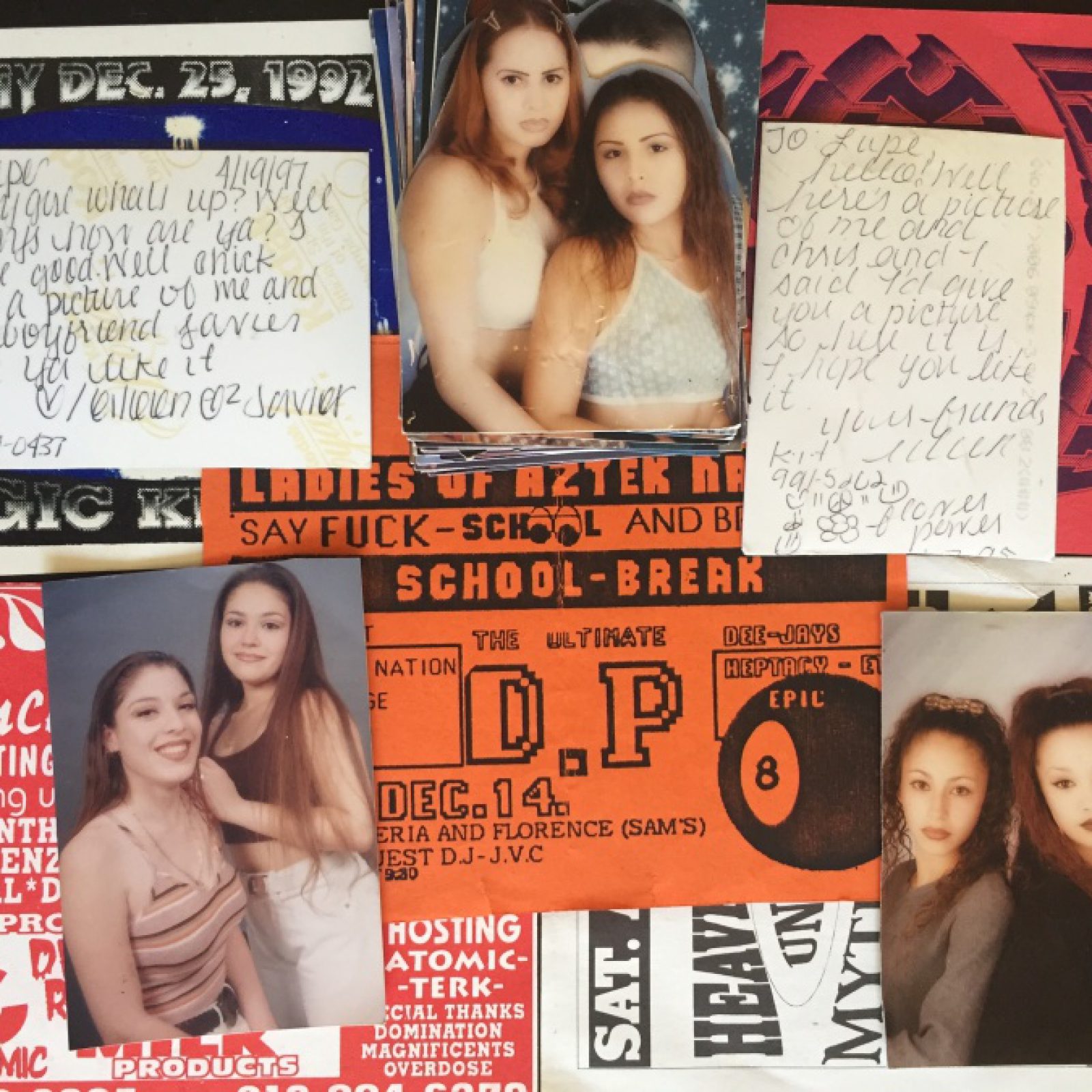 Guadalupe Rosales, Selections of Glamour shots and party flyers, alrededor de 1990, collage, dimensiones variables. Cortesía de la artista