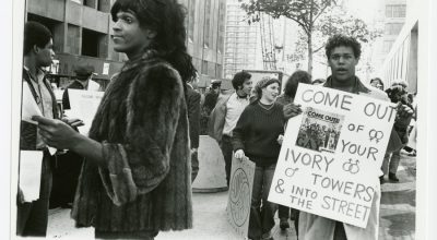 Diana Davies, Untitled (Marsha P. Johnson Hands Out Flyers For Support of Gay Students at N.Y.U.), c. 1970, digital print, 11 x 14 in. © The New York Public Library/Art Resource, New York. Photo: Diana Davies
