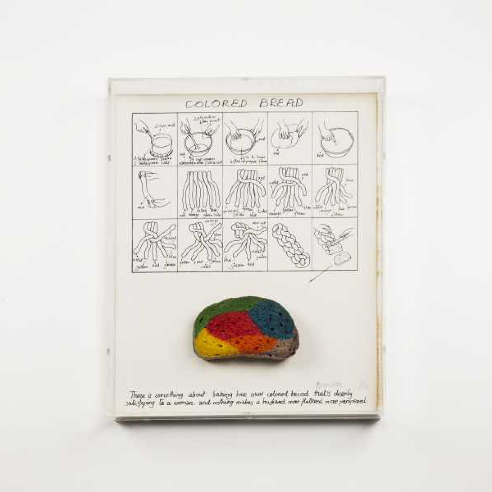 Miralda, Color Bread, 1973. Bread cooked with food coloring, printed drawing, Plexi-glass vitrine. Edition of 33. Courtesy: HFNY