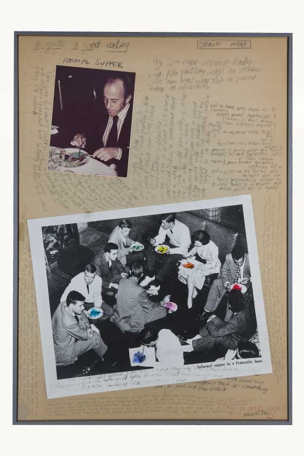 Miralda, A guide to good eating. Formal Supper, 1974. Collage, pencil. photographs and leaflet. 35 x 24 3/4 in. (89 x 63 cm). Courtesy: HFNY