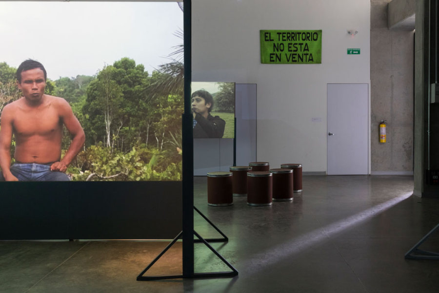 Vista de la exposición "Campo Abierto", curada por Ximena Gama, en la Cinemateca de Bogotá, 2019. Museografía: Liliana Andrade. Foto: José Sanín