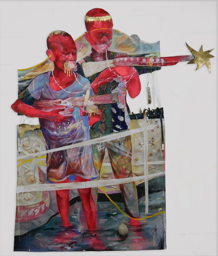 Lavar Munroe, Boys, 2018, medios mixtos sobre tela, 80 x 64 pulgadas. Cortesía del artista y Jack Bell Gallery