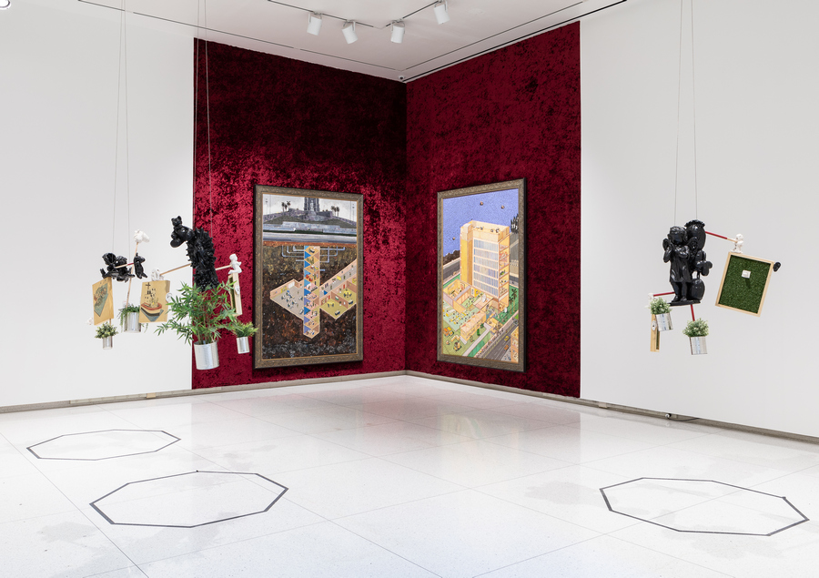 Douglas Pérez, La historia del tabaco (Nobody has known and loved as he has), 2012, Installation: oil paint on canvas (diptych) and red velvet wall covering. Courtesy of the artist. Rodrigo Lara Zendejas, Untitled Installation, 2019, Plastic plants, Astro Turf, tin cans, wood panels, dowel rods, and ceramic figures. Courtesy of the artist.
