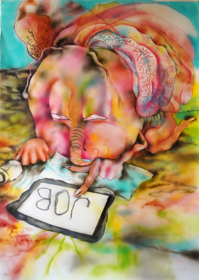 Constanza Giuliani, Mariposa busca trabajo, 2019, acrílico sobre papel, 112 x 77 cm. Cortesía de la artista y Piedras Galería