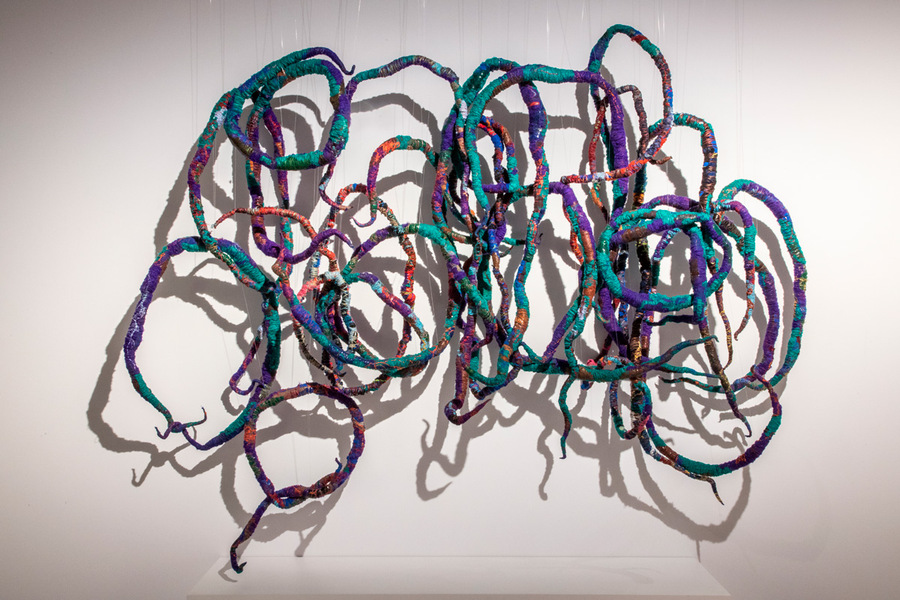 Sheila Hicks, Cuerdas de Baolí, ca. 2018-2019, algodón, lana, lino, seda, bambú, fibras sintéticas. Colección privada. Foto: Julián Ortíz