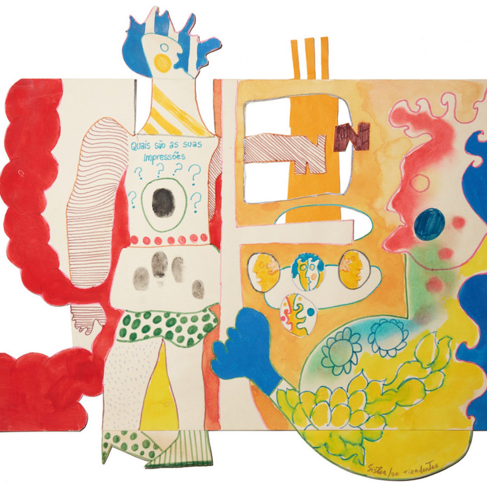 Sérgio Sister, Impress your feelings with your fingerprint, 1970. Econoline ink, oil pastel and hydrographic pen on paper, 17 3/8 x 17 inches (44 x 43 cm). Courtesy of the artist and Galeria Nara Roesler