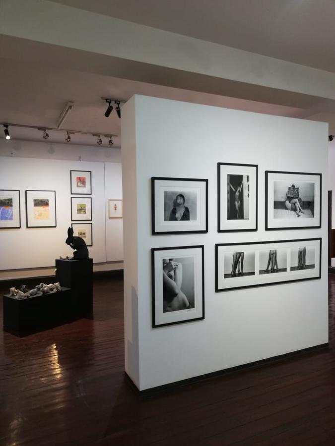 Vista de la exposición "Arte en resistencia", organizada por Galería Espora y Factoría Santa Rosa, y presentada en este último espacio ubicado en el Barrio Franklin de Santiago, 2020. Foto cortesía de las galerías