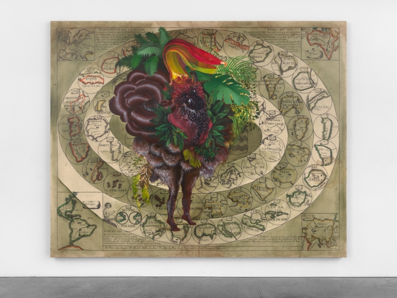 Firelei Báez, Untitled (Le Jeu du Monde), 2020, óleo y acrílico sobre lienzo con archivo impreso, 266.7 x 334.5 x 4 cm. Cortesía: James Cohan Gallery, NY