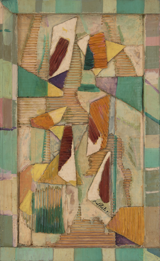 Juan Del Prete, Composición con relieve, 1981. Collage en cartón corrugado y óleo montado en cartón y madera, 69,5 x 43 cm. Cortesía: Roldan Moderno