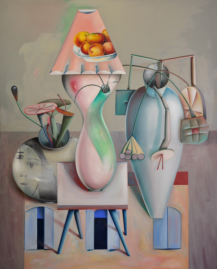 Pablo Benzo, Basket of apples, 2019, óleo sobre algodón, 145 x 120 cm. Cortesía del artista y Galería Animal, Santiago