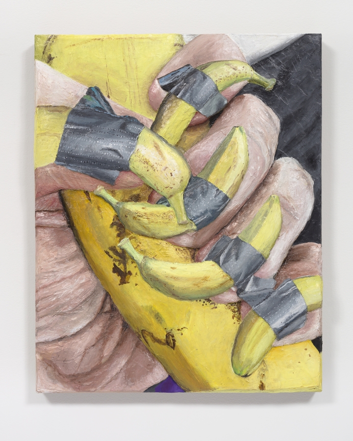 Gina Beavers, Duct-tape Banana Nails, 2020. Acrylic on linen on panel, 30 x 24 x 3 inches (76.2 x 61 x 7.6 cm). Courtesy: Marianne Boesky Gallery