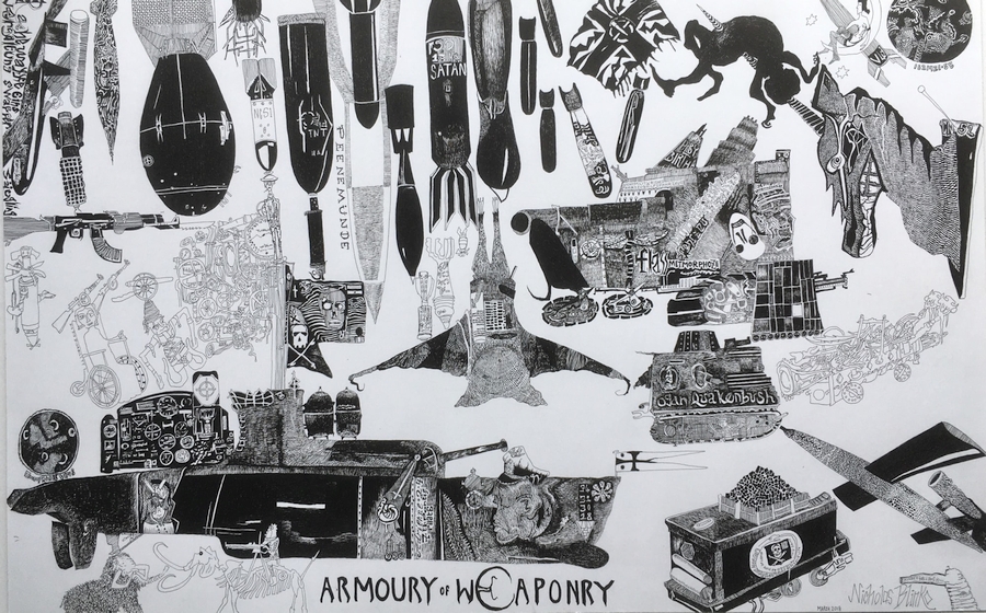 Nick Blinko, Armoury of Weaponry, 2018, ink on card, 16 x 11 in (43 x 28 cm). Collection de l'Art Brut, Lausanne and The Museum of Everything, London. Courtesy: Henry Boxer Gallery