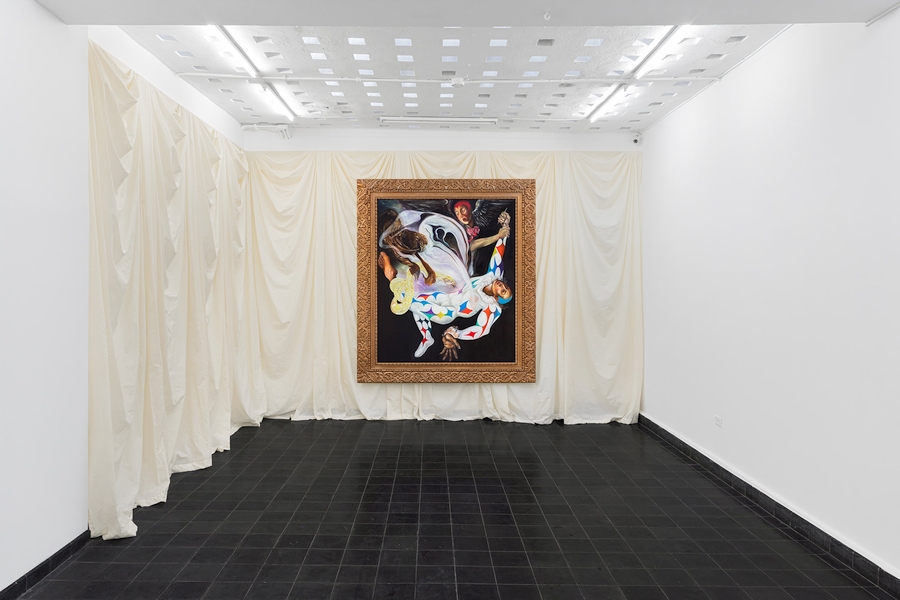 Karla Kaplun, El sueño de Bruno, 2020, óleo sobre tela, marco, 223 x 193 x 6 cm. Vista de la exposición "La Compañía", en House of Gaga, Ciudad de México, 2020. Cortesía de la galería