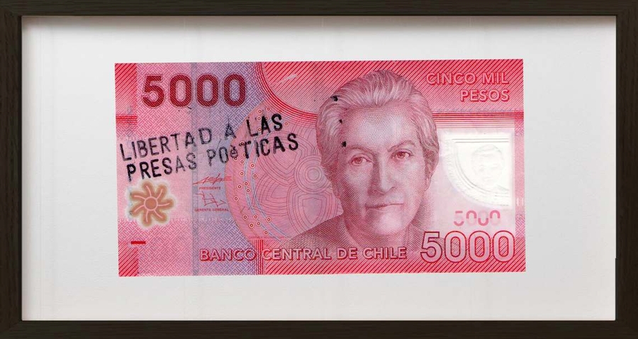 Hugo Vidal, Papel moneda [Serie internacional], billetes intervenidos, 20 x 12 cm c/u. Cortesía: Pabellón 4
