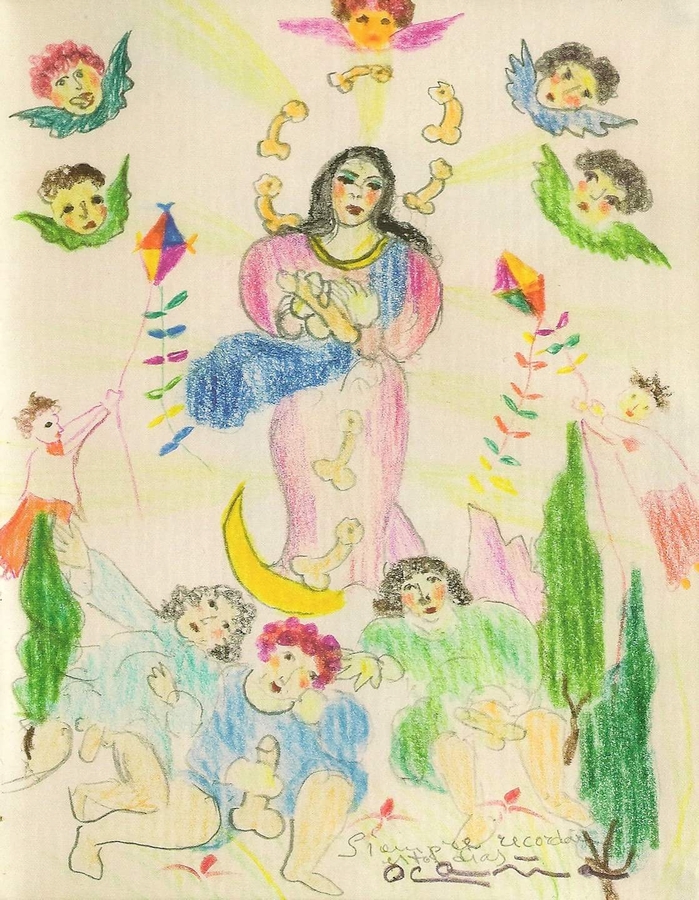 José Pérez Ocaña, La Virgen de las Pollas, 1979, lápices sobre papel. Cortesía del artista
