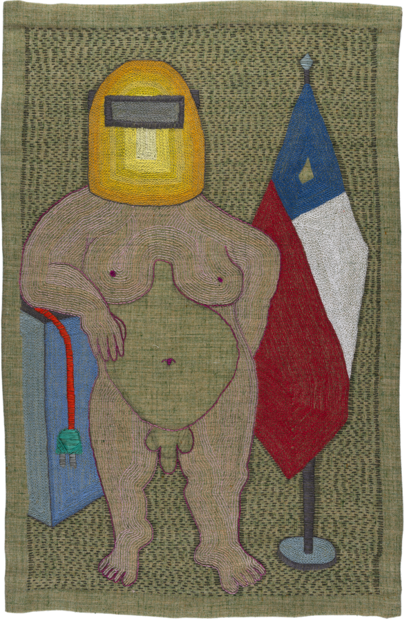 Paloma Castillo, Conferencia, 2020, bordado a mano con hilos de algodón sobre lino, 66 x 42 cm. Cortesía: Isabel Croxatto Galería