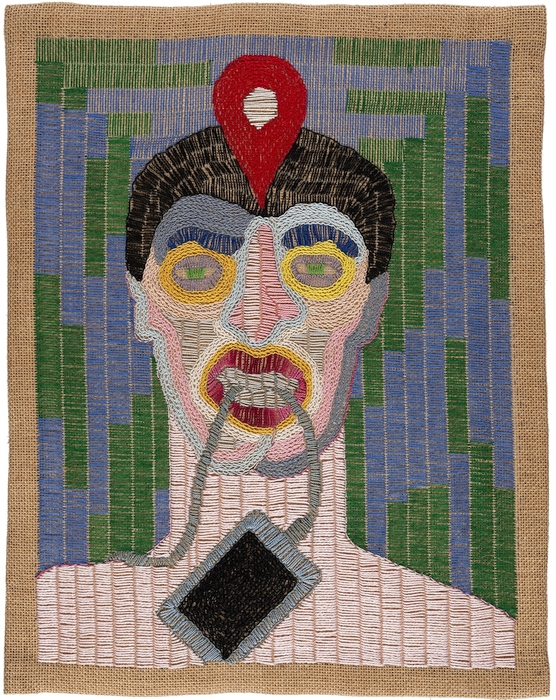 Paloma Castillo, Ubicado, 2020, bordado a mano con hilos de algodón sobre yute, 52 x 41 cm. Cortesía: Isabel Croxatto Galería