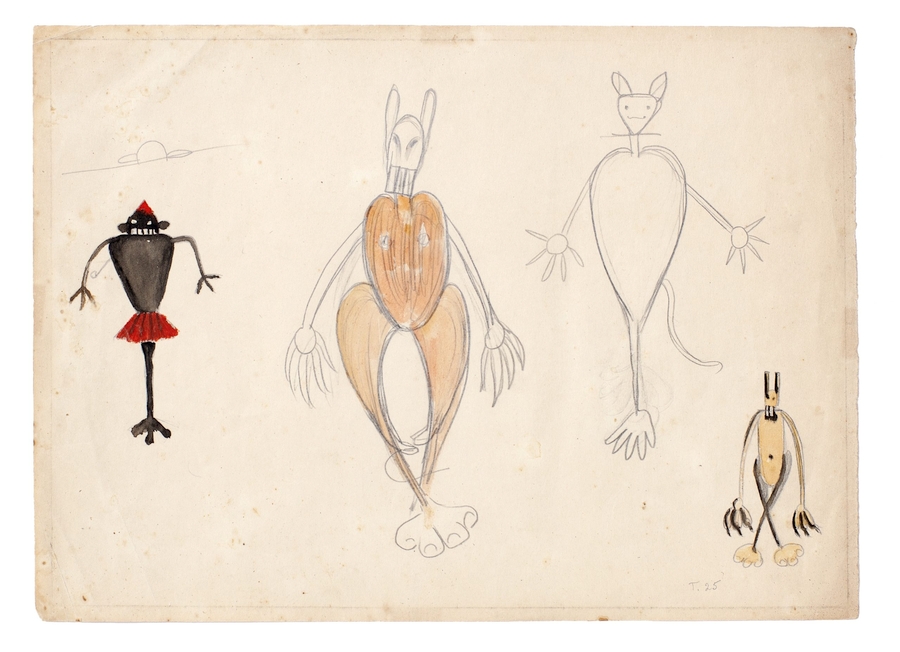 Tarsila do Amaral, Saci e três estudos de bichos, 1925, grafito y acuarela sobre papel. Cortesía: FAMA Museu