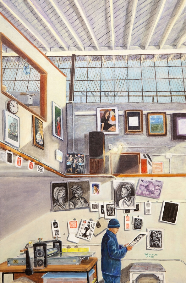 Ronnie Goodman (b. 1960, Los Angeles, CA; died 2020, San Francisco, CA), San Quentin Arts in Corrections Art Studio, 2008. Acrylic on canvas. 37 1/4 × 25 1/4". Collection of Prison Arts Project, William James Association