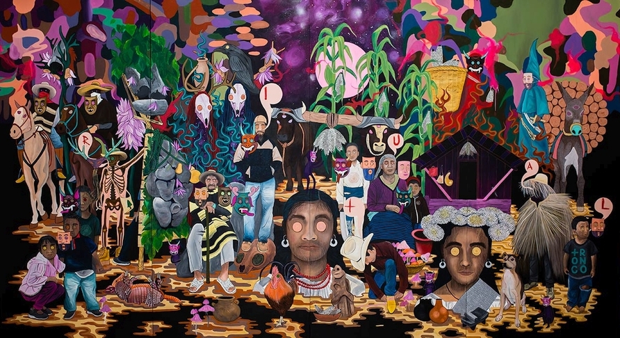 Giovanni Fabián Guerrero (Cherán, Michoacán, México, 1993), Transición del espacio ritual, 2019, acrílico sobre tela, 3 x 5.6 m. Cortesía de Giovanni Fabián Guerrero, artista visual purépecha