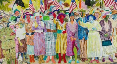 Farley Aguilar, A Farewell, 1917 (2021), óleo, crayones de óleo y graffito sobre lino, 188 x 269.2 cm. Cortesía: Lyles & King, NY