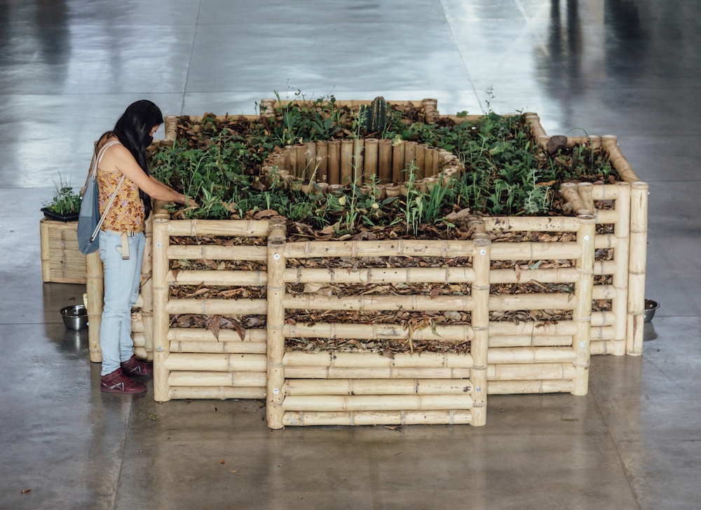 Gloria Jaramillo, Chacana, 2021, guadua, plantas silvestres y residuos orgánicos, 110 x 300 x 300 cm. Cortesía: MAMM