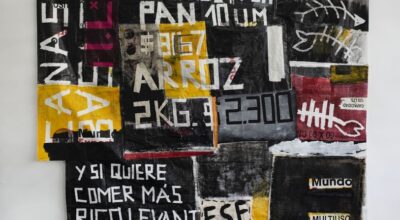 Cristóbal Lanzarini, Canasta básica, 2020-2021, acrílico y tela cosida sobre bolsas de feria, 205 x 180 cm. Cortesía del artista y Galería Espora, Santiago