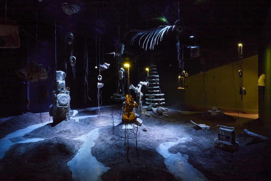 Vista de la bio-instalación “Desbosque: desenterrando señales”, del colectivo Fibra, en el Museo de Arte Contemporáneo de Lima - MAC Lima, 2021. Foto: Juan Pablo Murrugarra