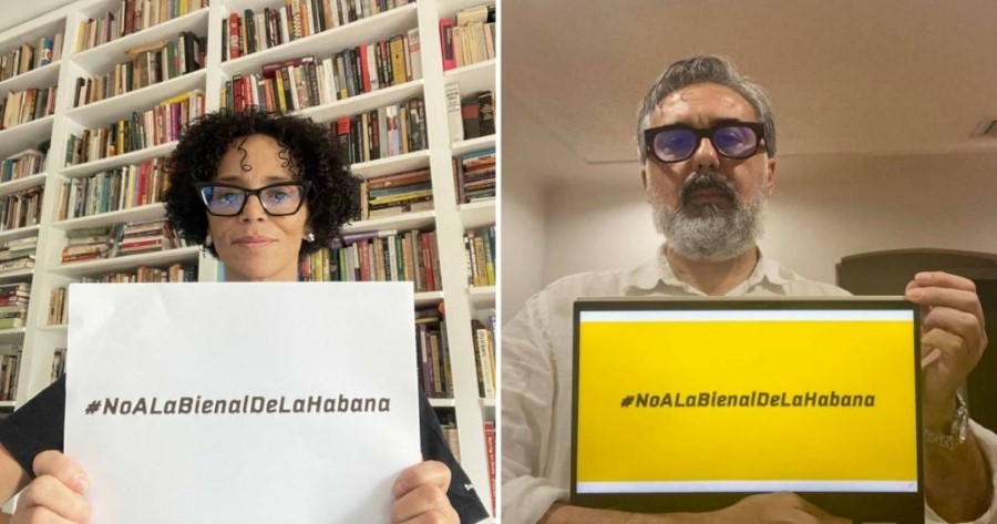 Coco Fusco y Henry Eric Hernández dicen #NoALaBienalDeLaHabana. Cortesía: Diario de Cuba