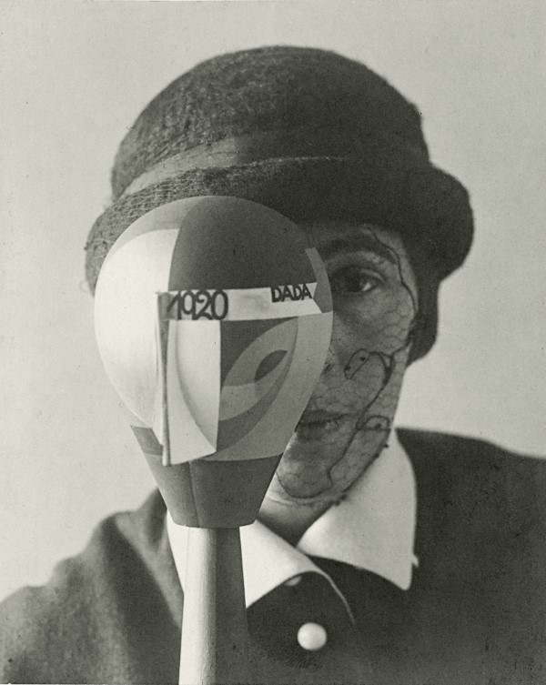 Nic Aluf. Sophie Taeuber-Arp with her Dada Head. 1920. Gelatin silver print on board. 4 5/8 x 3 3/4″ (11.7 x 9.6 cm). Stiftung Arp e.V., Berlin. Photo: Wolfgang Morell