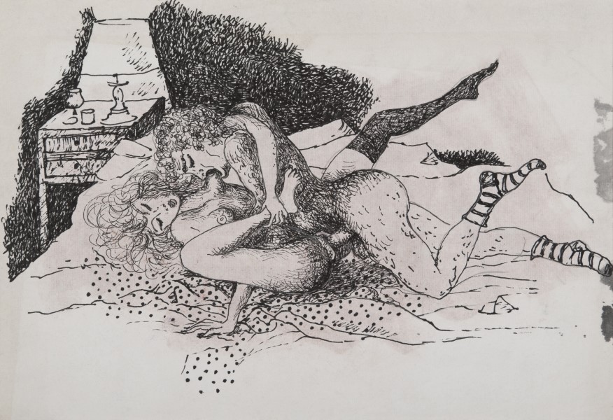 Antonio Berni, Sin título, Serie Erótica, c.1970, técnica mixta sobre papel, 23 x 33 cm. Foto: Santiago Ortí. Cortesía: Vasari