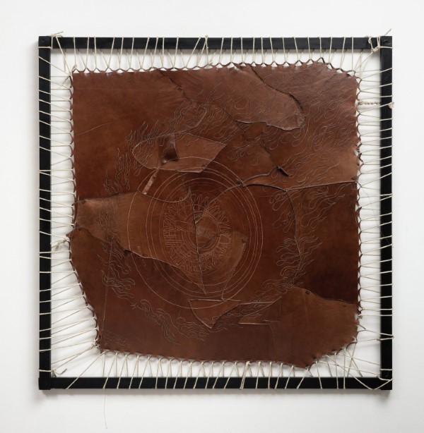 Esteban Ramón Pérez, = HEATWAVE = (Eureka), 2020-2022, leather, acrylic, metallic flake, nylon, jute and wood, 48 × 48 inch (121.9 × 121.9 cm). Courtesy: Charles Moffett